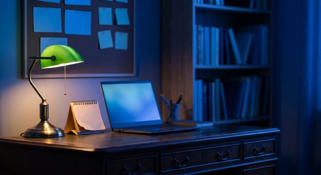 A dark blue-toned home office desk at night with a laptop, a desk calendar, and a banker's lamp, evoking WordPress plugin security