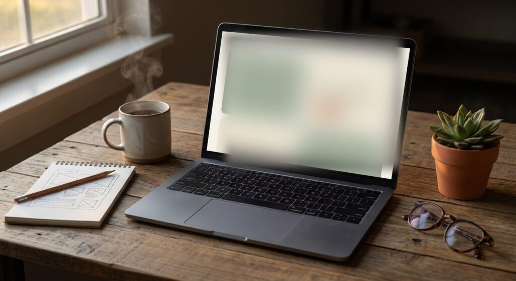 A calm, softly lit desk with color swatch cards, a blurred laptop screen, tea, and a wireframe sketch, representing trauma-informed web design principles