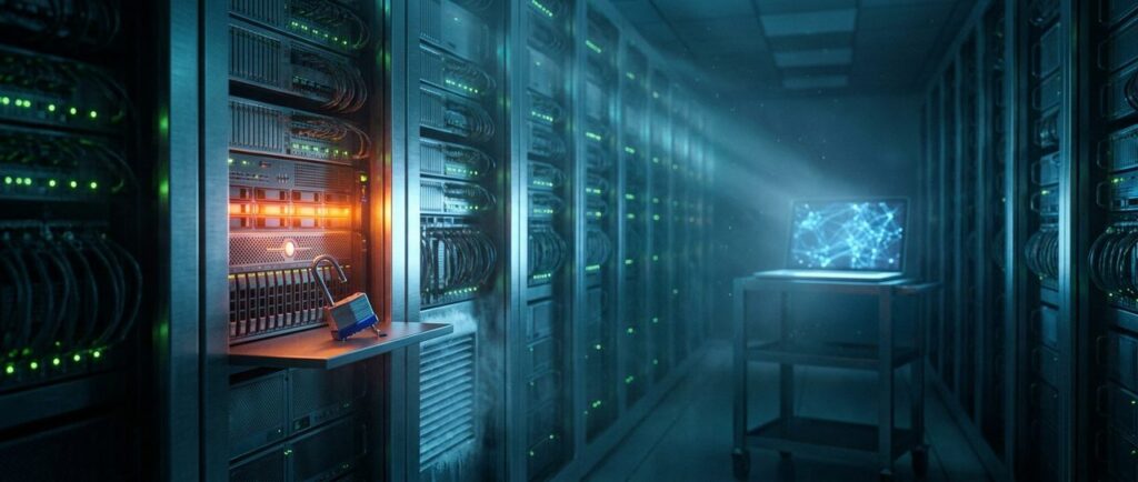 A server rack in a data center glows amber in warning next to a broken padlock, symbolizing the VMware vCenter ransomware exploitation of CVE-2026-59310