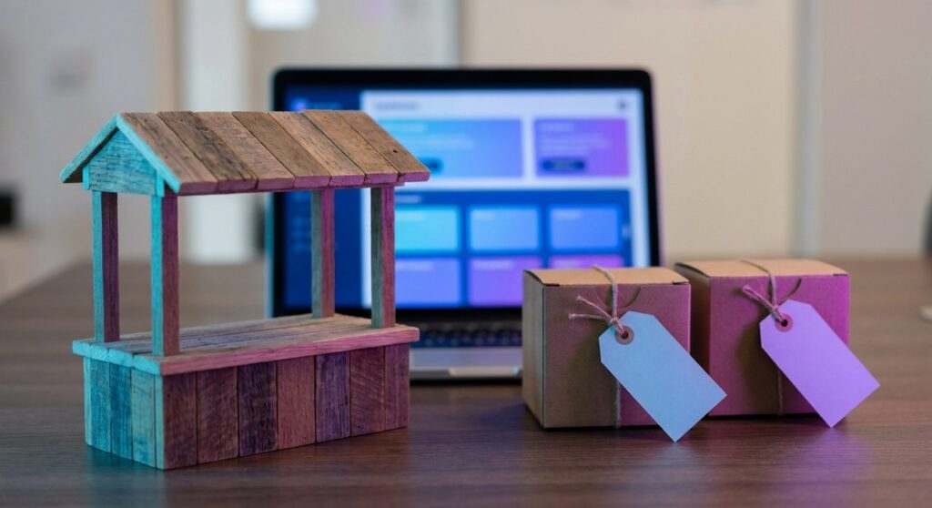 A market-stall model and gift-wrapped boxes with swapped tags in front of a laptop showing a WordPress-blue and WooCommerce-purple vendor dashboard, symbolizing the WC Vendors plugin IDOR flaw
