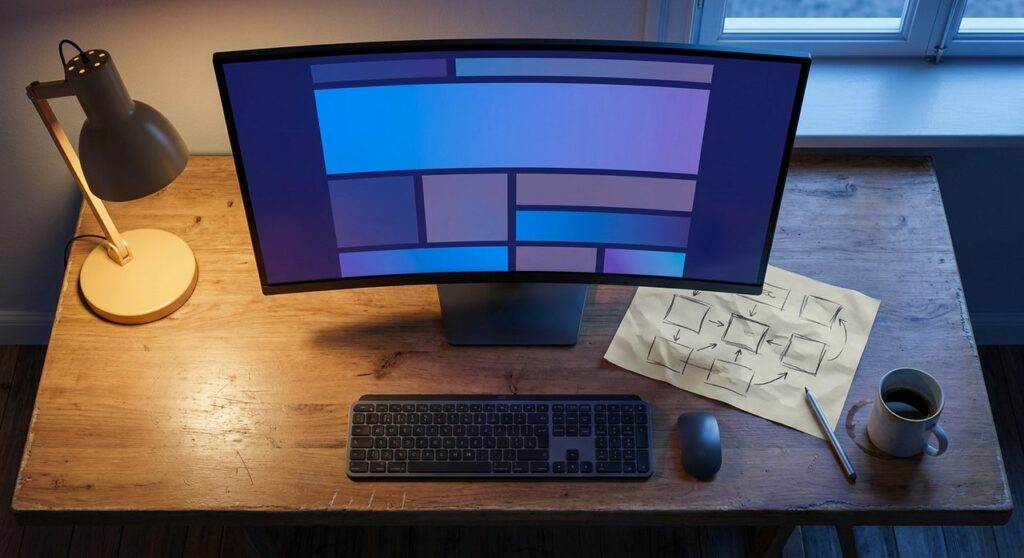 A designer desk at dusk with a monitor showing a Webflow-blue color-blocked website layout mockup next to a hand-drawn page-flow wireframe sketch