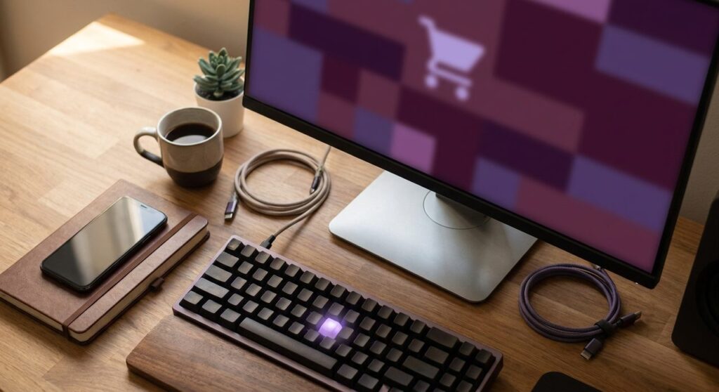 Desk workspace with a monitor showing an abstract purple WooCommerce-style storefront and a keyboard with a glowing focus key, representing keyboard-accessible ecommerce design