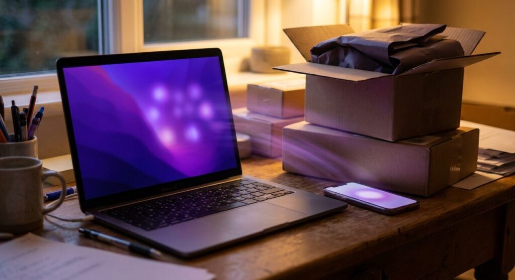 A laptop and smartphone glowing with soft purple light beside stacked shipping boxes on a desk, representing automated ecommerce order data flowing behind the scenes of a WooCommerce store