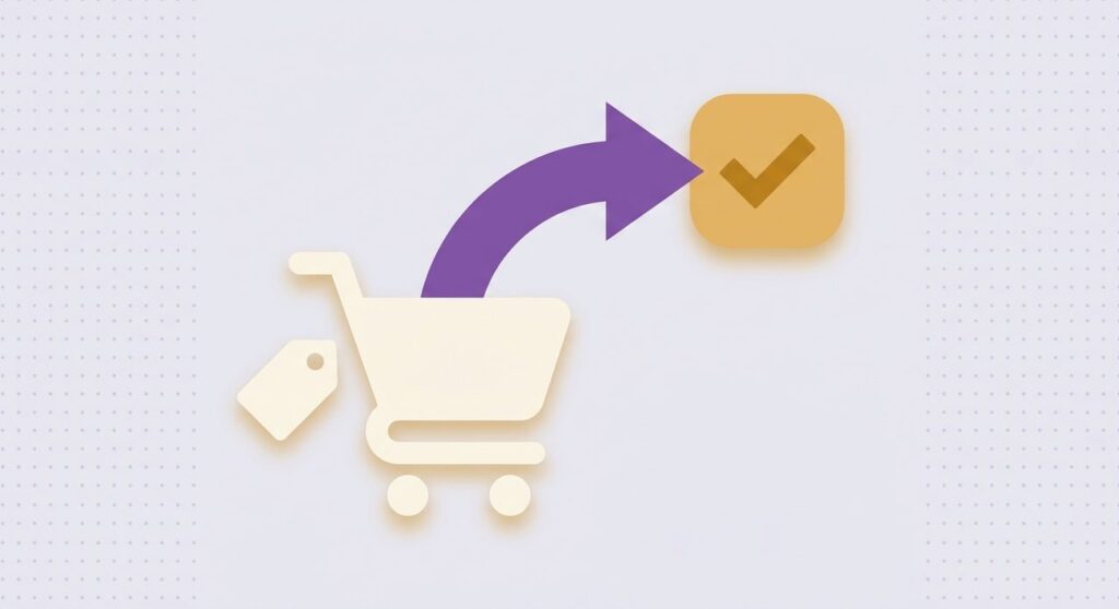 Flat illustration of a shopping cart with a purple arrow arcing over it to a checkmark, representing a WooCommerce buy now button that skips the cart page