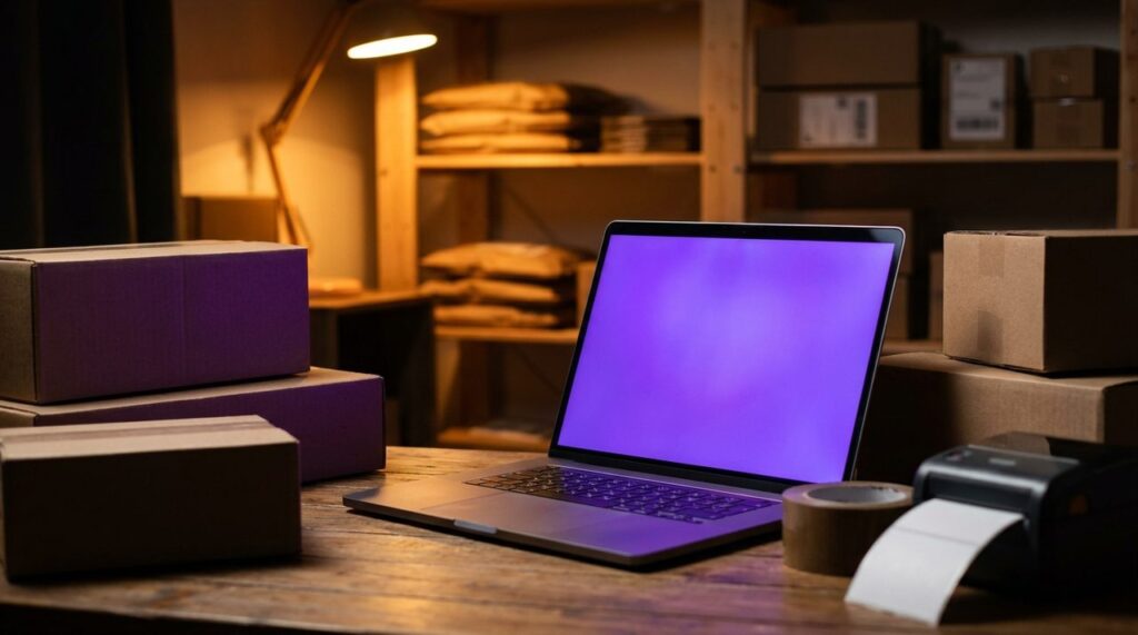 A laptop glowing with WooCommerce purple light on a desk surrounded by shipping boxes, representing a WooCommerce security vulnerability affecting online stores