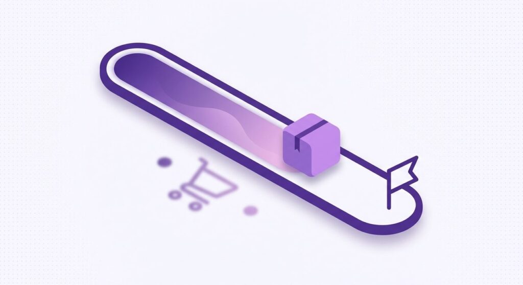 Illustration of a free shipping progress bar with a package icon approaching a finish flag, representing WooCommerce free shipping bar plugins