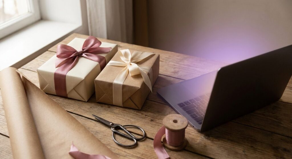 Wrapped gift boxes with ribbon next to a laptop on a wooden gift-wrapping table