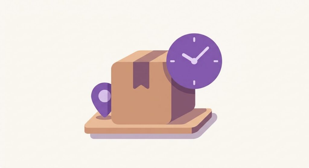 Illustration of a package, clock, and location pin representing WooCommerce local pickup time slot scheduling