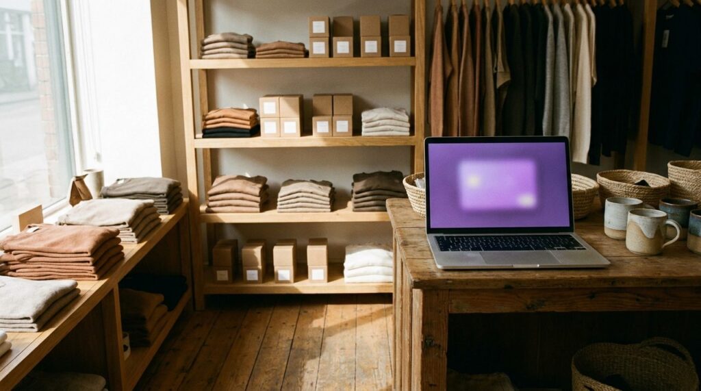 Laptop on a boutique shop counter showing a soft glowing purple product preview window beside neatly shelved products, representing a WooCommerce quick view popup