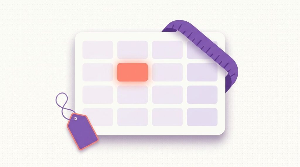 Flat illustration of a size chart grid with a tape measure and clothing tag, representing WooCommerce size chart plugins
