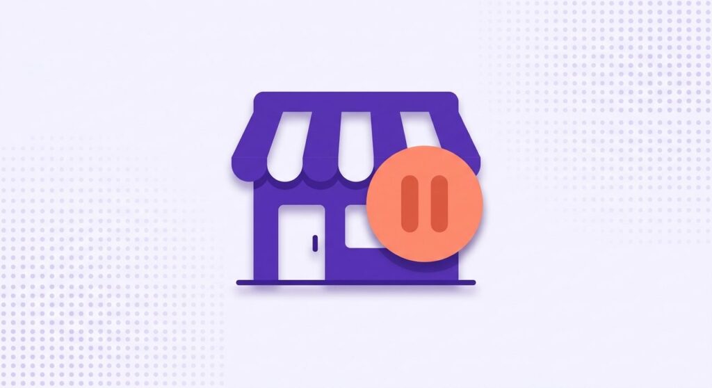 Flat illustration of a shop storefront with a pause badge, symbolizing WooCommerce vacation mode plugins