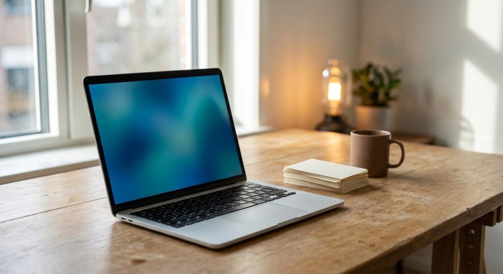Laptop with a blue-toned screen on a wooden desk beside a stack of blank comment cards, evoking WordPress security