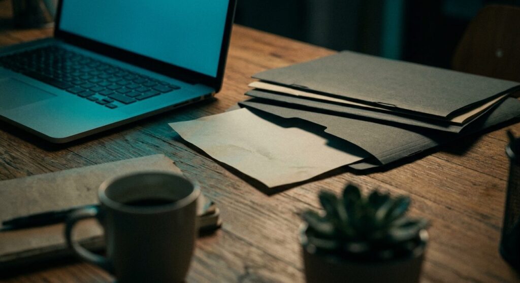 A laptop glowing with WordPress-blue light on a desk beside a loose sheet of paper sliding out of a stack of folders, symbolizing a WordPress core file inclusion vulnerability