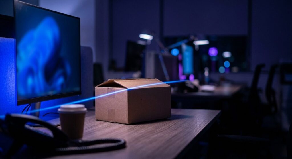 A cardboard package on an office desk being scanned by a blue security beam, evoking an automated review checkpoint, next to a monitor glowing with abstract blue light