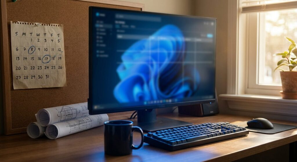 A developer workspace desk with a monitor showing an abstract WordPress-blue dashboard interface, a paper wall calendar with circled dates, and rolled architectural blueprints beside the keyboard