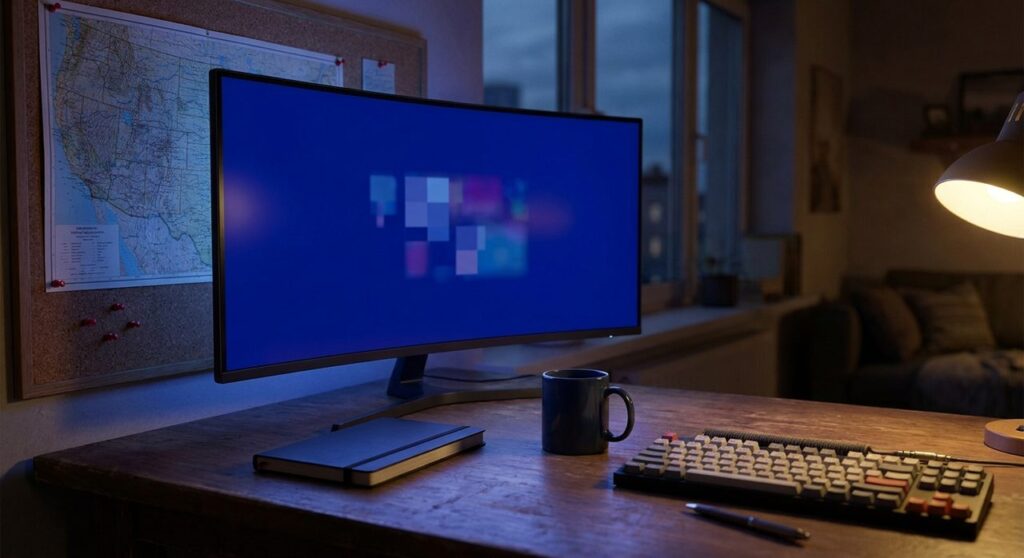 A developer desk at night with a monitor glowing WordPress blue, a corkboard map with red location pins in the background, illustrating a WordPress provider directory build.