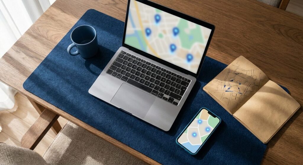 Overhead view of a developer desk with a laptop showing a map with location pins, representing a WordPress store locator build
