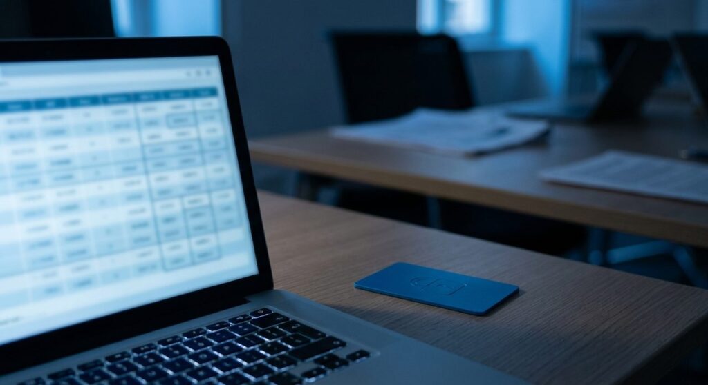 A laptop displaying a blurred data table interface next to a blue access badge with a padlock icon, symbolizing a broken authorization check in a WordPress table plugin