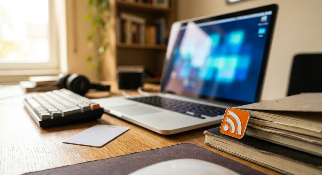 A laptop glowing with abstract WordPress-blue dashboard light next to an orange RSS feed icon pin and a blank keycard on a wooden desk