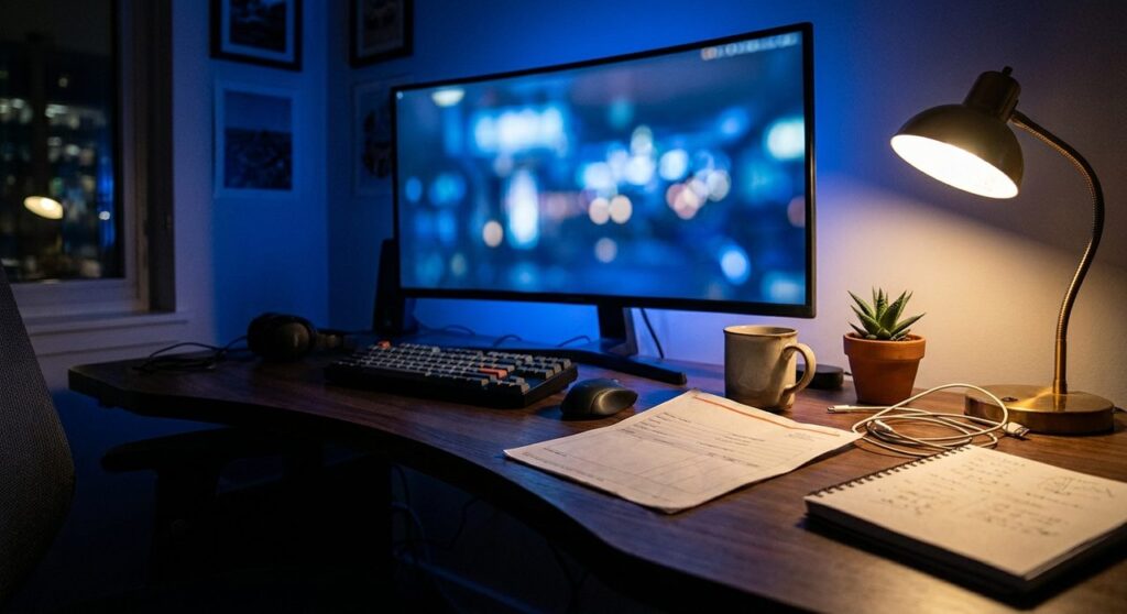 A dark home office desk at night lit by a monitor glowing WordPress blue and a warm desk lamp, with a flagged paper form sitting among developer clutter