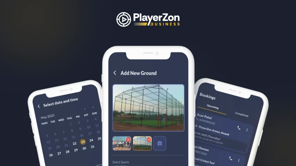 PlayerZon for Business mobile app showcasing turf booking management, ground registration, and booking schedules