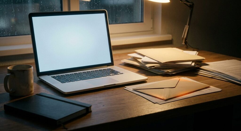 A laptop with a blank glowing screen on a desk at night beside a stack of ordinary document folders, with one envelope glowing faintly amber among them