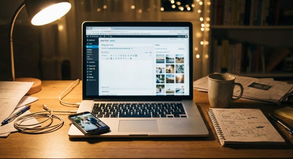 A laptop showing a WordPress blog dashboard next to a phone with a wedding photo, on a desk at night, representing an AI-automated blog and image generation workflow