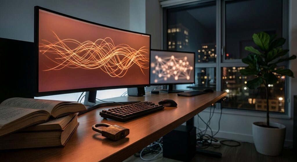 A dark studio desk at night with monitors showing abstract orange data-flow and network graphics, an open padlock, and stacked books, symbolizing Anthropic's AI-powered open source vulnerability scanner