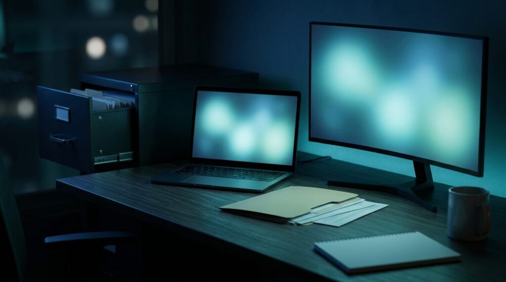 A dark developer workspace at night lit in blue tones, with a file folder slipping out of an open cabinet beside a laptop and monitor, symbolizing an unauthorized file access vulnerability