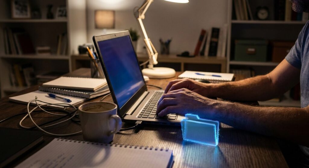 Developer working late on a laptop with a glowing file icon on the desk, symbolizing a WordPress plugin file upload vulnerability