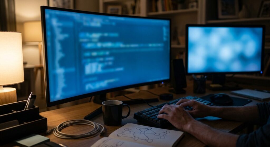 A developer's desk at night with a monitor glowing WordPress blue showing blurred code, a coffee mug, and a notebook with a hand-drawn network diagram of connected nodes representing a community platform