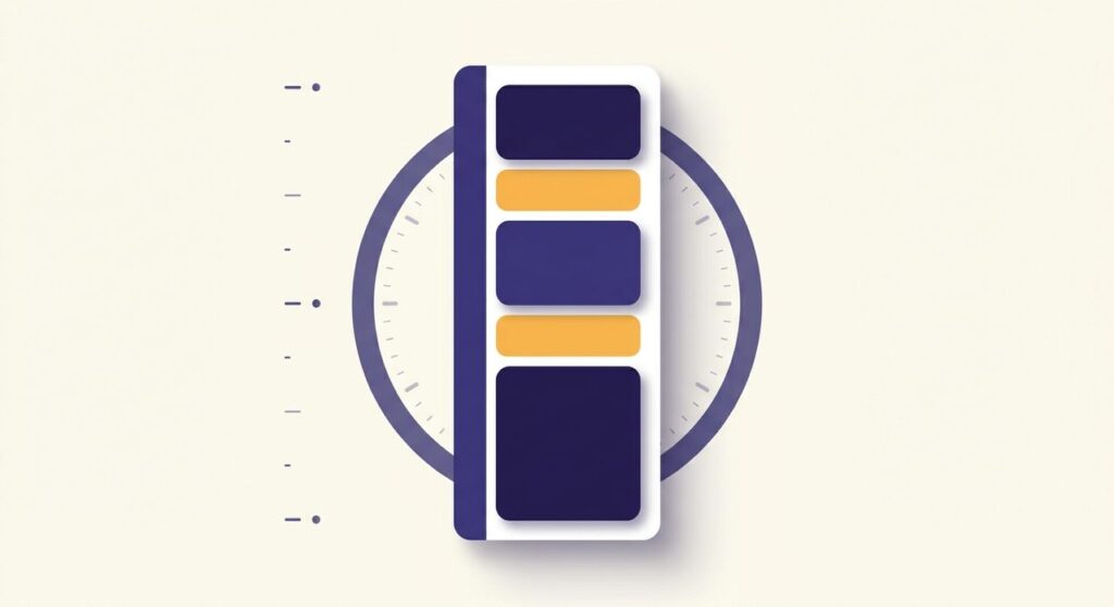Illustration of a day-schedule column with appointment blocks separated by highlighted buffer time gaps, next to a clock face, representing buffer time in WordPress booking plugins
