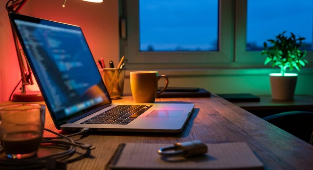 A developer desk at night with a laptop lit by red, amber, and green ambient light and a padlock resting nearby, evoking browser security