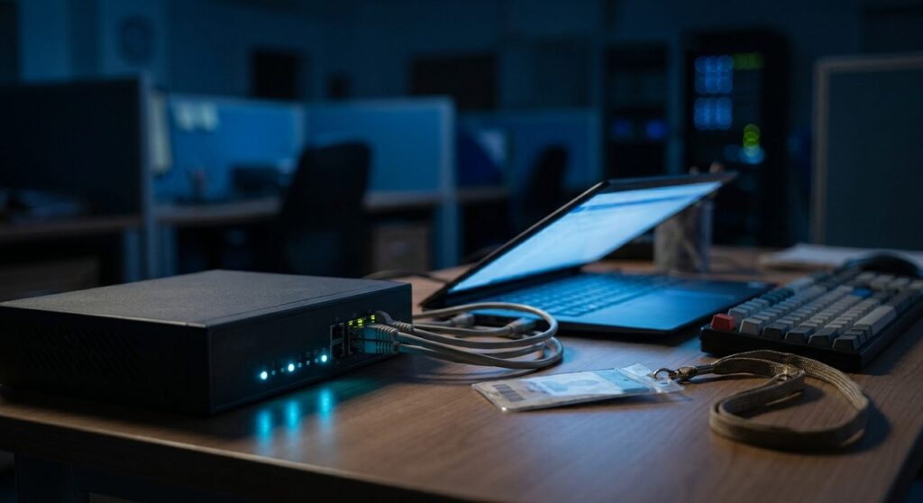 A network appliance with glowing status LEDs next to a laptop and an employee ID badge on a desk, representing NetScaler SAML gateway infrastructure