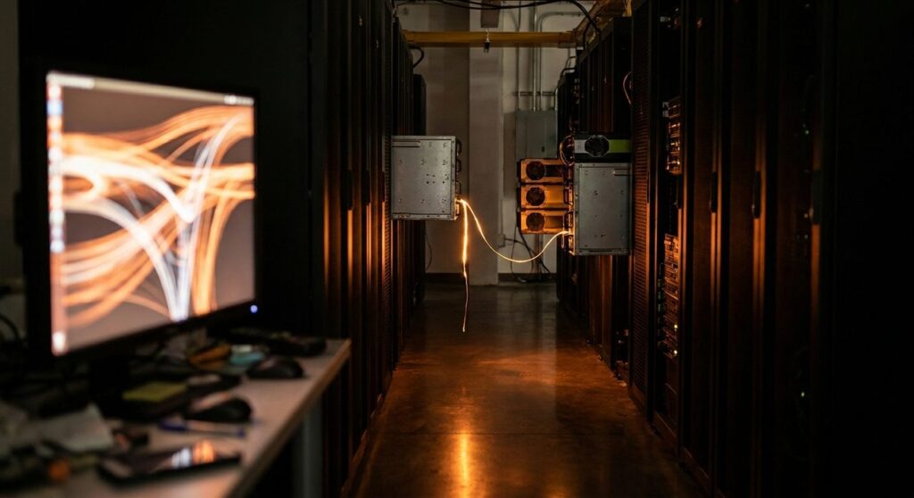 A data center server aisle lit in orange, with a stream of light leaking between two adjacent server units, symbolizing a cross-request data leak.
