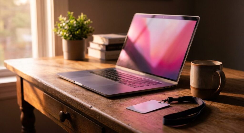 A laptop glowing with a soft magenta light next to an ID keycard on a wooden desk, symbolizing a WordPress admin access vulnerability