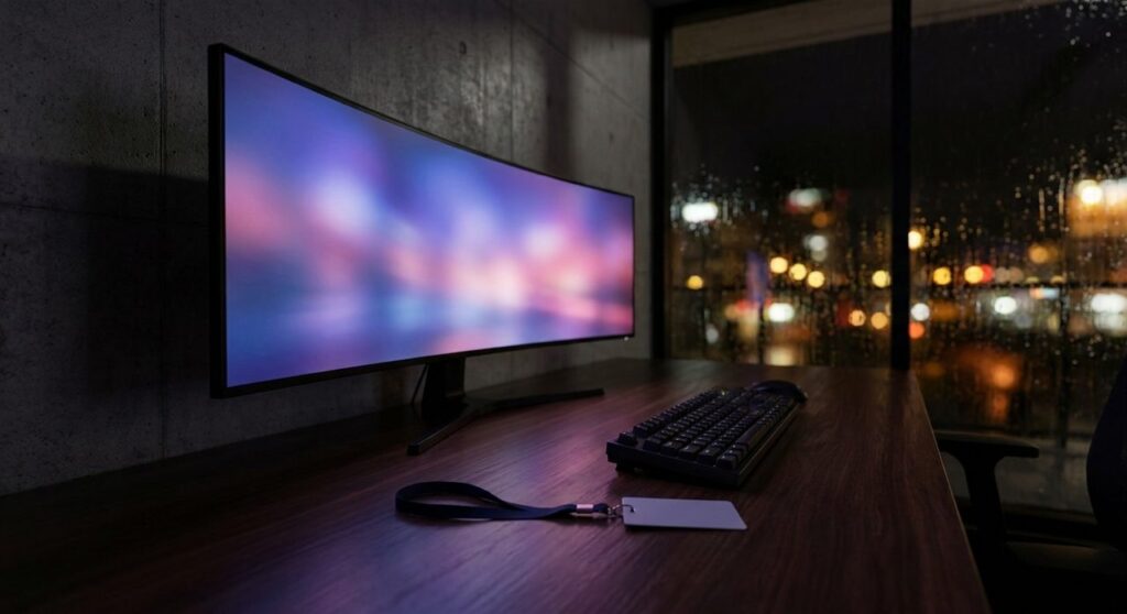 A curved monitor glowing with soft blue, purple, and pink gradient light on a dark desk at night, with a blank security access badge on a lanyard resting nearby and city lights visible through a window