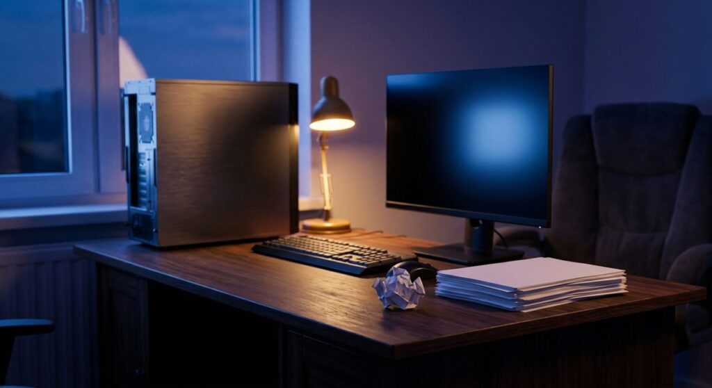 A desktop computer and monitor on a dark wooden desk at night, lit in deep blue tones, with a crumpled sheet of paper sitting apart from a neat stack of documents
