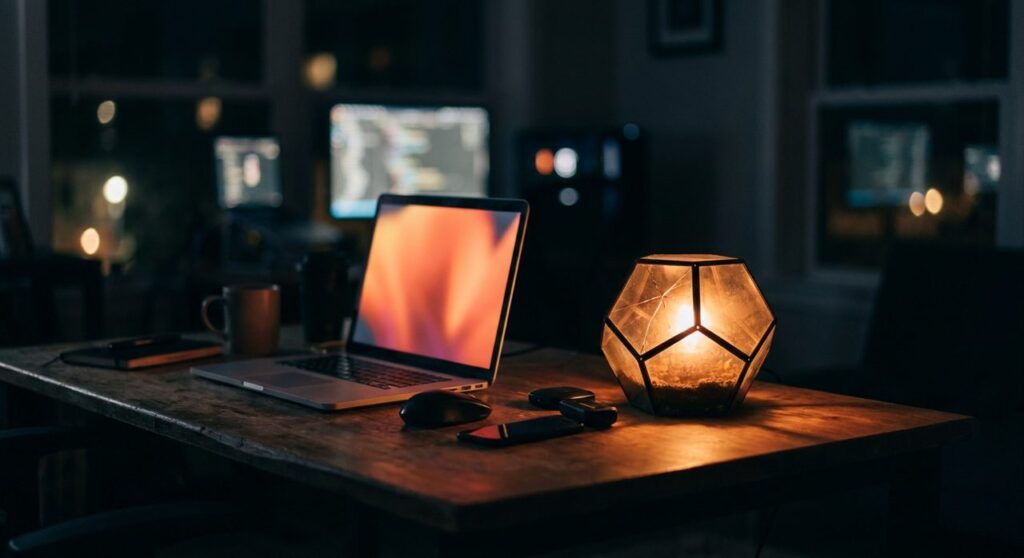A laptop glowing with warm orange light next to a cracked glass enclosure leaking light, on a desk in a dim developer workspace at night
