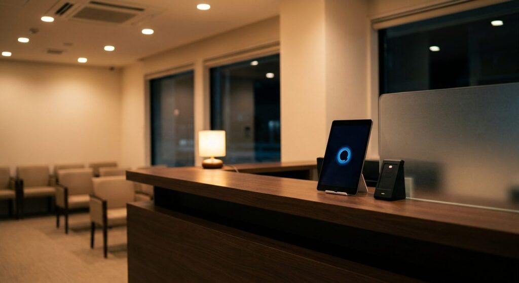An empty clinic reception desk at night with a tablet on the counter displaying a glowing blue chat interface next to a privacy screen