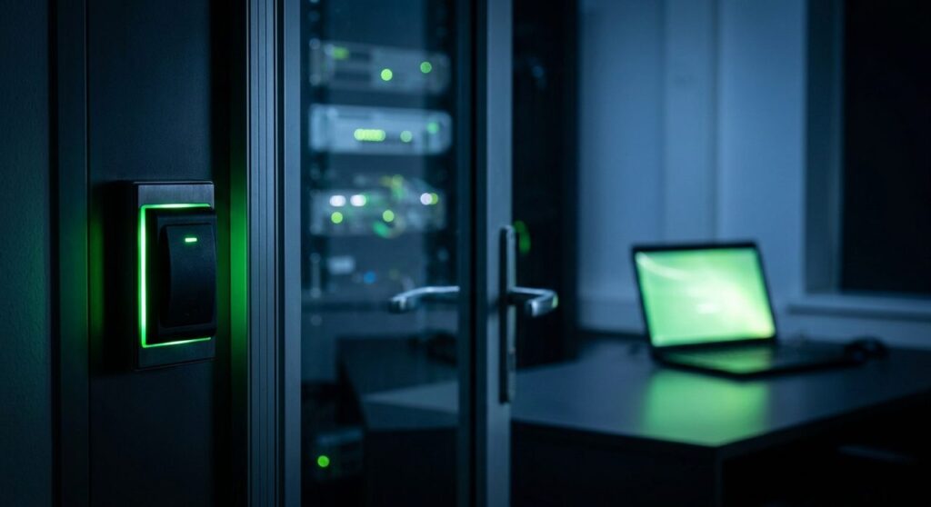 A keycard access panel glowing green beside a server rack, representing a network access control security vulnerability