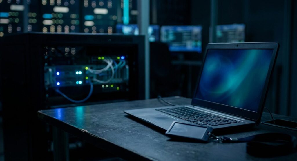 A laptop and VPN server rack glowing in navy and teal light, evoking the Ivanti Connect Secure zero-day