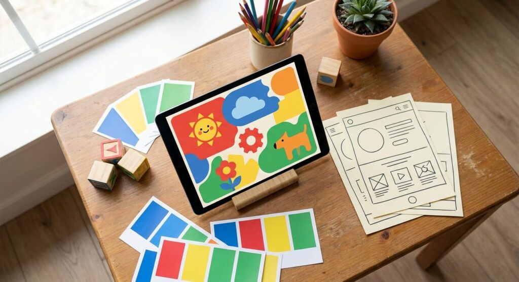 A designer desk with a tablet showing a colorful, icon-based childrens interface concept, surrounded by color swatch cards, hand-sketched wireframes, and wooden alphabet blocks