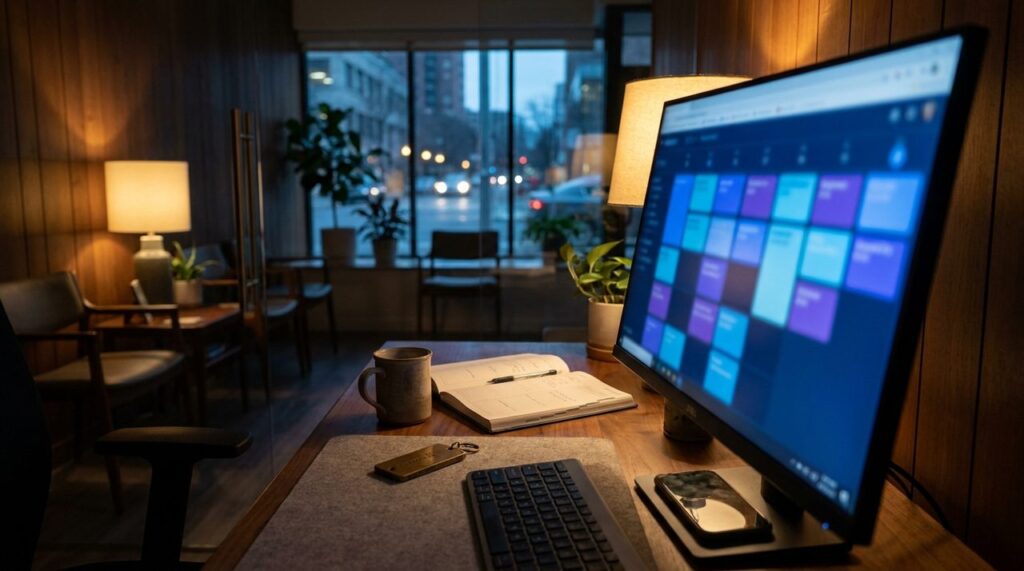 A darkened appointment-business reception desk at night with a monitor showing an abstract blue booking calendar grid, a brass keycard resting near the keyboard, and a phone face-down on the desk.