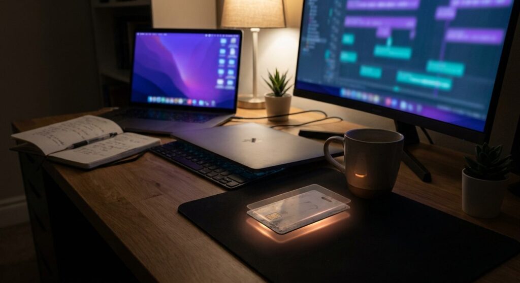 A developer desk at night with a laptop and monitor showing abstract code, next to a duplicated-looking security keycard glowing with a warning light, symbolizing a stolen access key behind the LiteLLM supply chain attack.