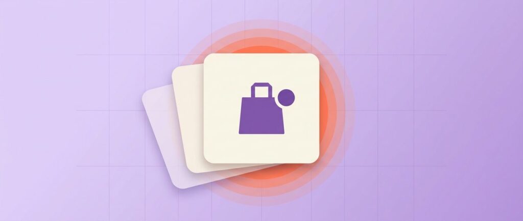 Flat design illustration of stacked notification toast cards with a shopping bag icon and a pulsing activity ring, representing live sales notification popups for WooCommerce