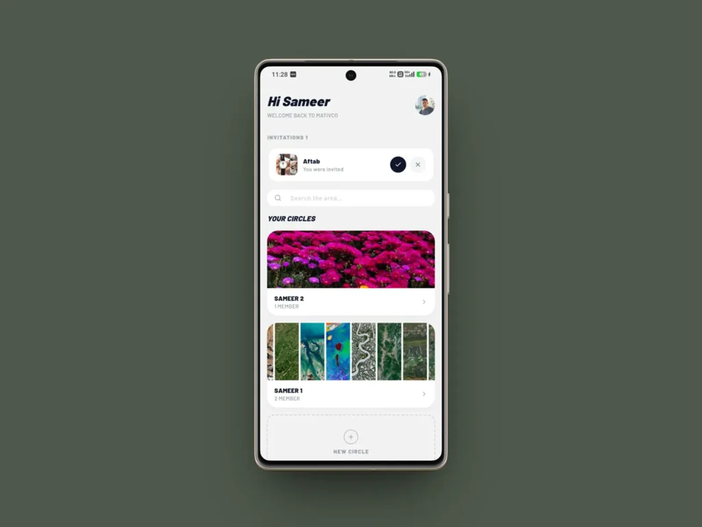 Mativco app home screen displaying photo-sharing groups, friend invitations, and shared collections.