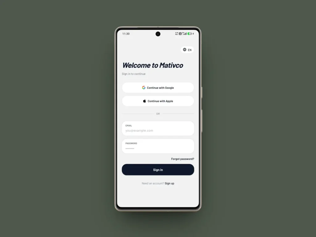 Mativco mobile app login screen with Google, Apple, and email sign-in options.