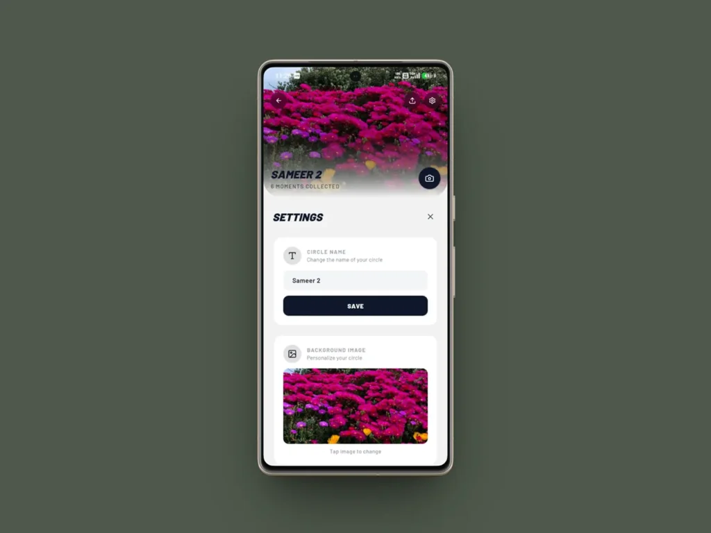 Mativco app group settings screen with circle name editing and customizable background images.