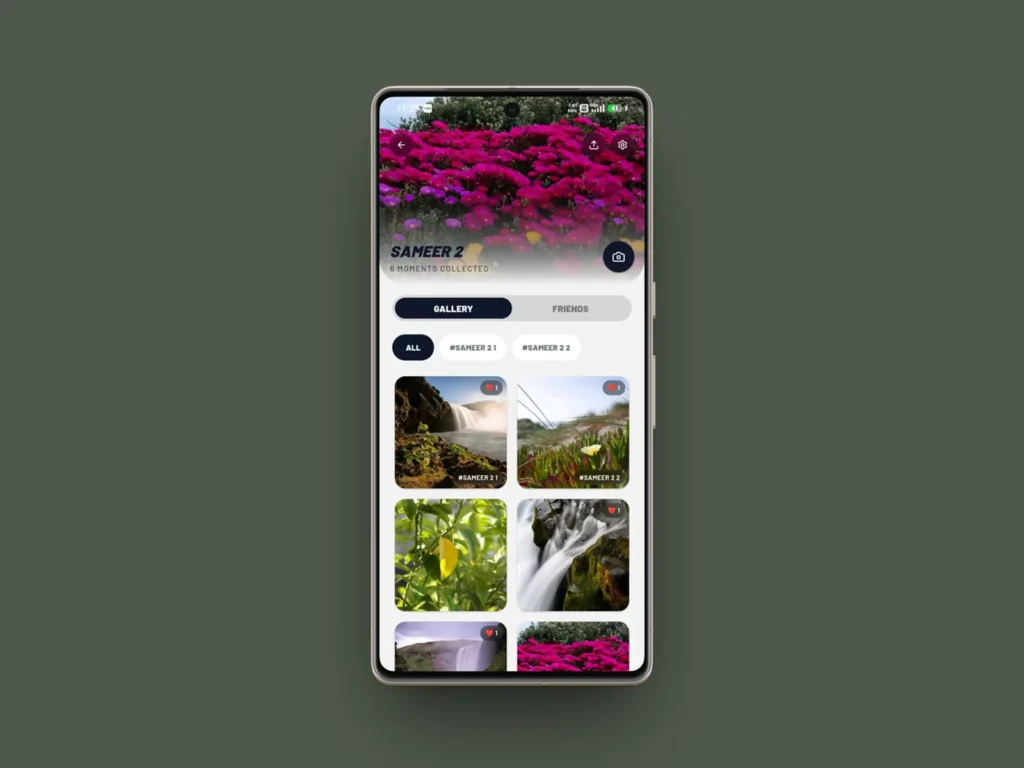 Mativco photo-sharing app gallery displaying images shared within a group.